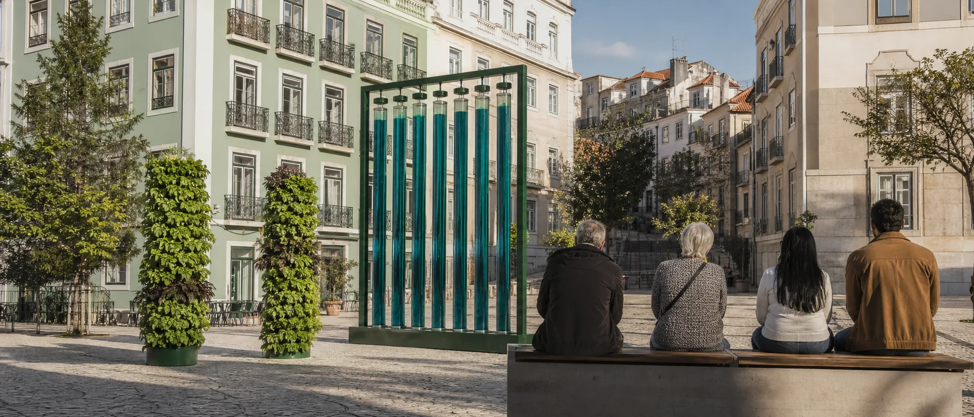 Concept render: a slender dark green steel frame holding eight tall glass tubes of blue-green algae culture stands in a Lisbon square paved with calçada, flanked by two planted growing columns, with residents seated on a low bench nearby in late afternoon light.