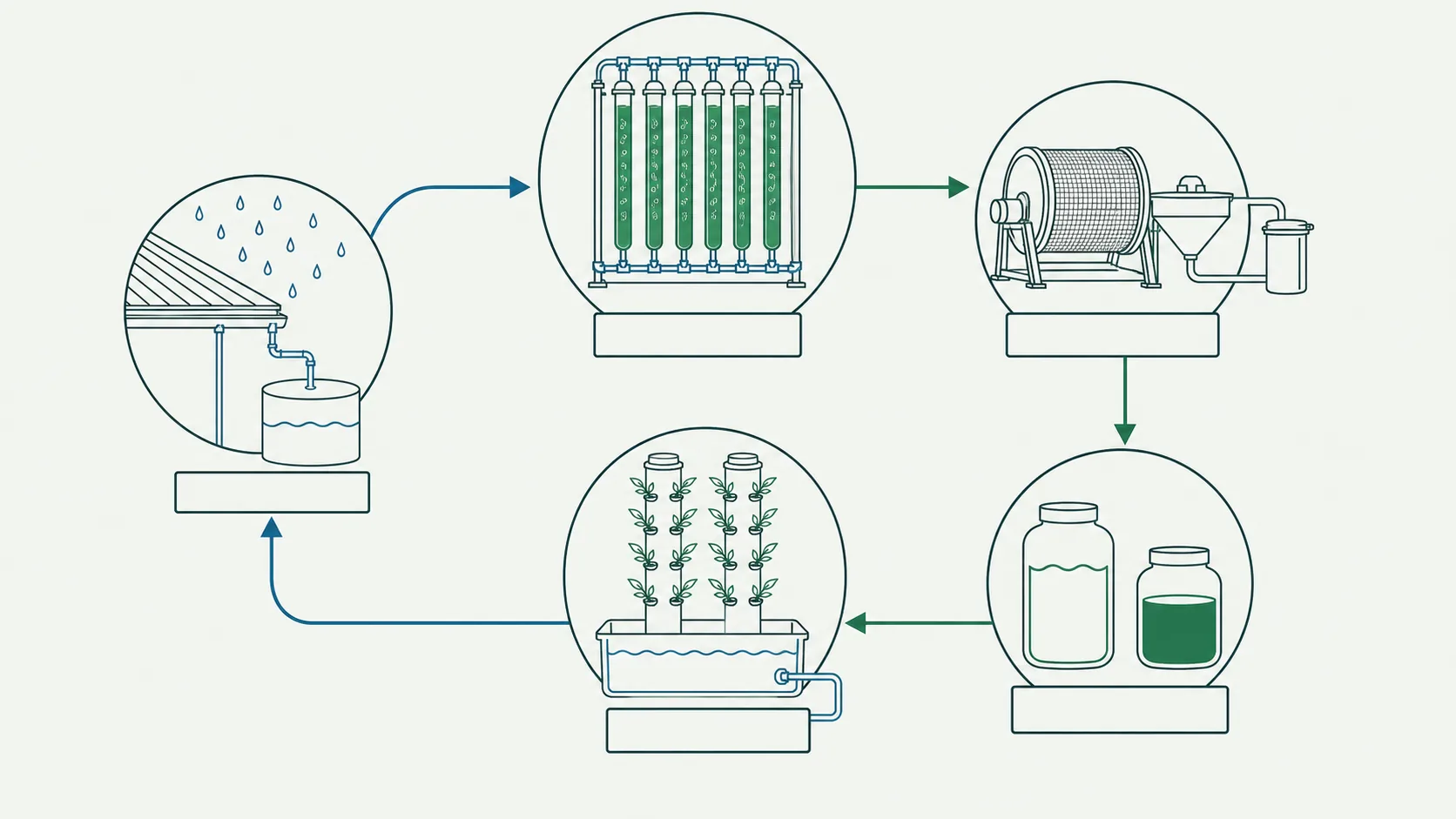 System diagram of a closed material loop: rainwater captured from a roof feeds a rack of sealed spirulina photobioreactor tubes, which pass to a harvest and filtration station, then to biostimulant and pigment output vessels, then to hydroponic growing columns whose drainage returns to the water reservoir.