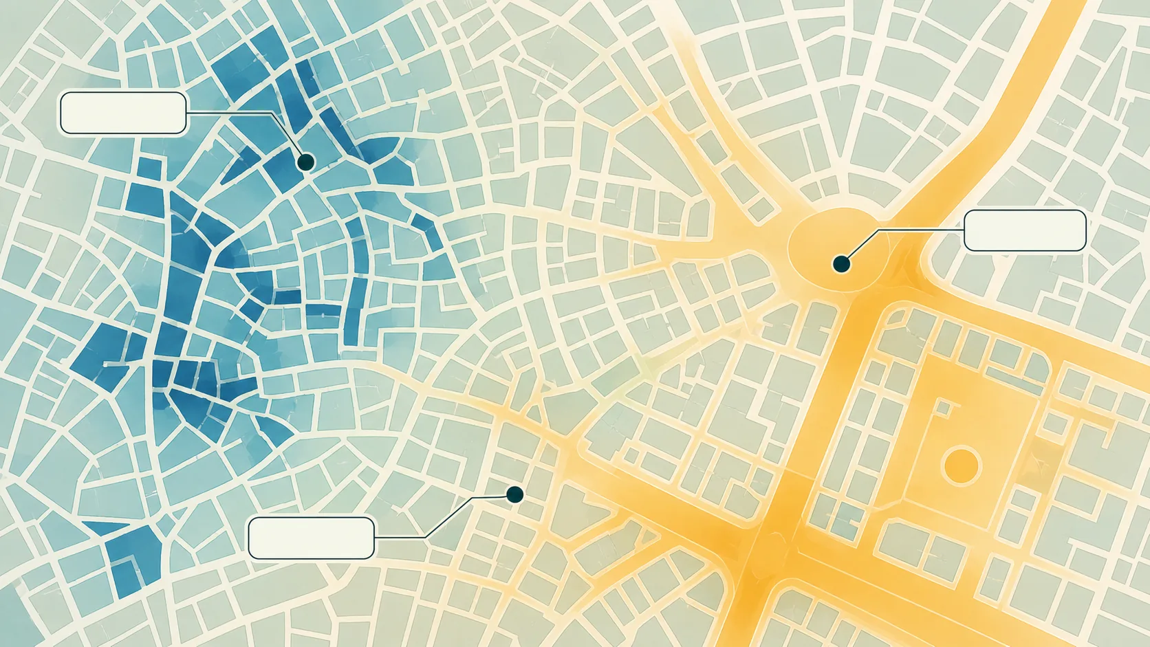 Abstracted top-down street plan of a dense Lisbon neighbourhood, with surface temperature shown as a wash from cool teal over narrow shaded lanes to saturated amber along the wide unshaded boulevards. Three markers indicate candidate installation sites, each on a leader line to a blank label box.