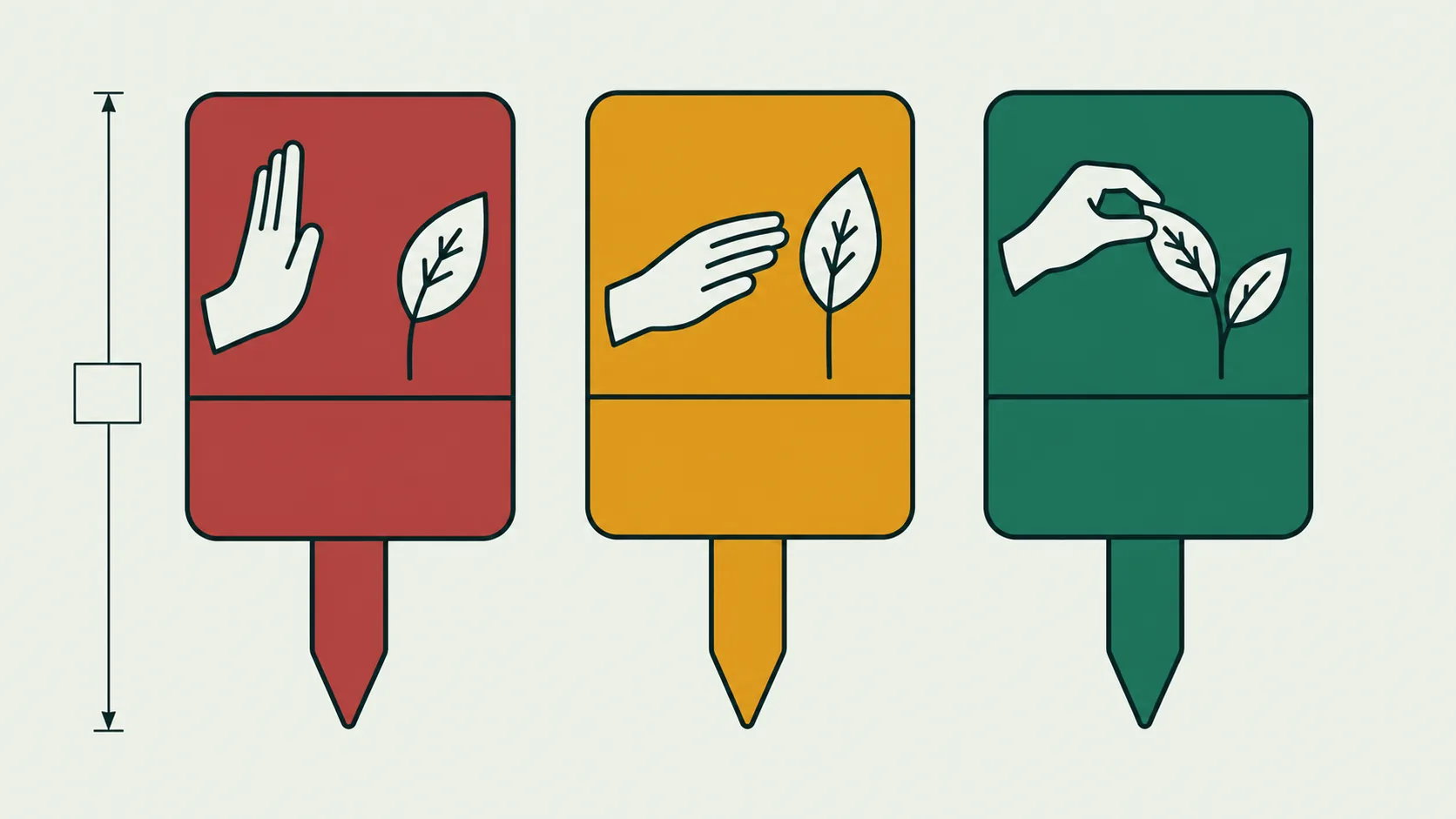 Harvest signage: three weatherproof planter cards on stakes. Red, a raised palm beside a leaf — not ready, leave it to grow. Amber, a hand hovering near a leaf — only if needed, take a little. Green, a hand gently picking a leaf — ready, take some, pick outer leaves. A dimension line at left marks the 60 centimetre card height.