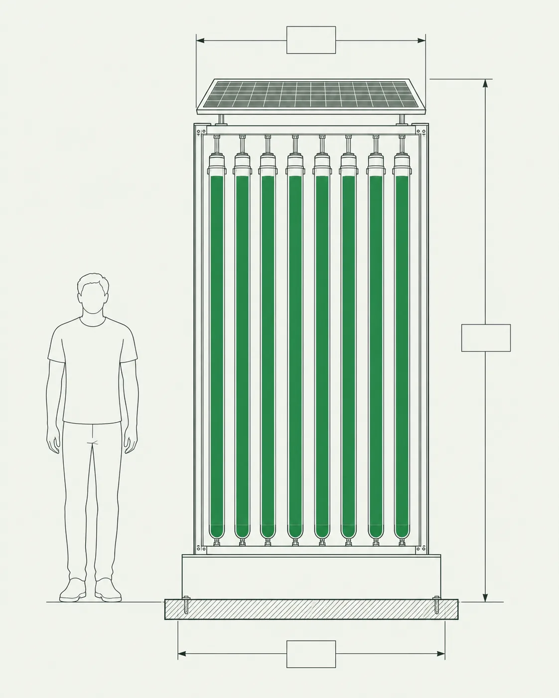 Orthographic front elevation of the sculpture: a slender steel frame roughly three metres tall holding eight vertical glass tubes filled with spirulina green culture, a solid plinth housing a sealed reservoir, and a tilted solar panel across the top. Dimension lines with blank measurement boxes and a hatched base plate; an outline human figure at left gives scale.