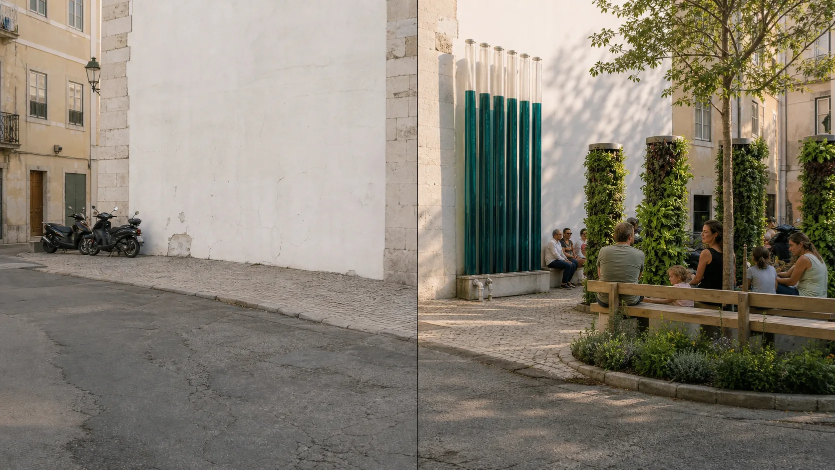 Split-frame comparison from an identical camera position. Left: a bare Lisbon corner in harsh midday light, cracked asphalt and calçada, scooters parked against a blank rendered wall, no greenery. Right: the same corner in late afternoon light with a tall glass-tube algae sculpture, planted growing columns, a reclaimed tree pit and a bench where people of mixed ages sit.
